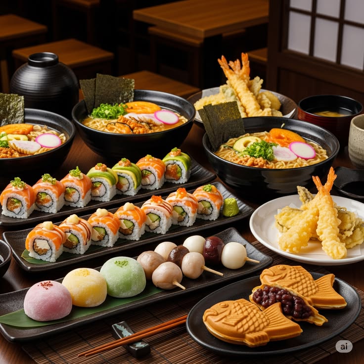 Japanese cuisine spread with sushi rolls, ramen and tempura - one of the best food destinations in the world