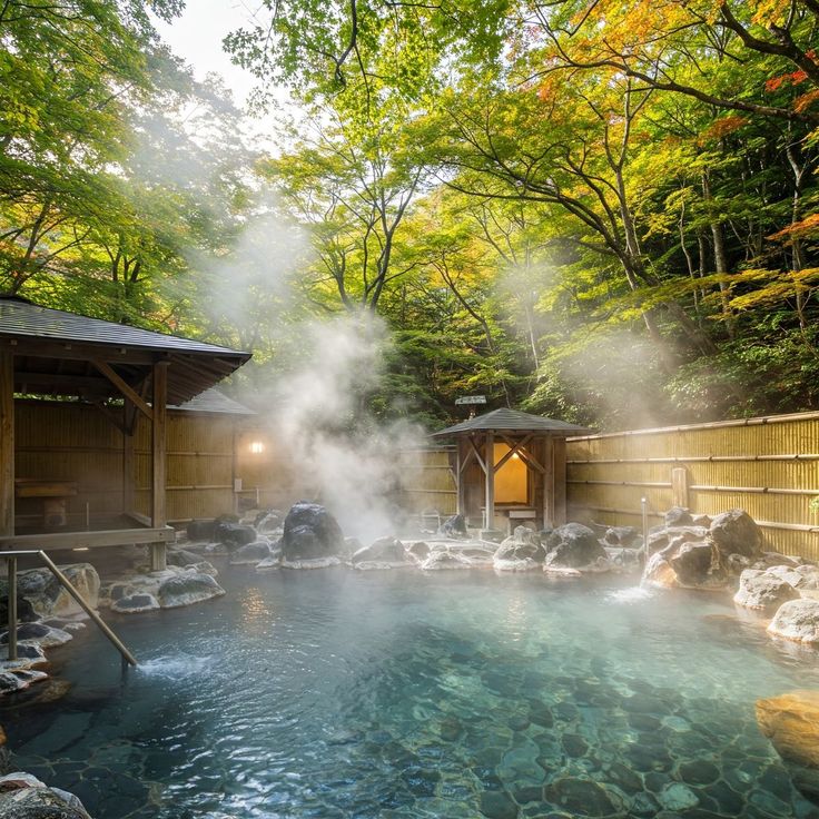 Steaming outdoor onsen hot spring surrounded by forest in Hakone Japan
