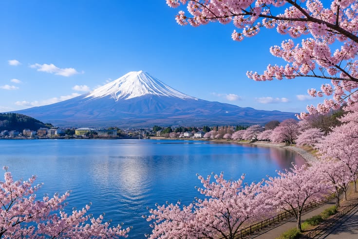 Mount Fuji and cherry blossoms across Lake Kawaguchiko in spring - reasons to visit Japan