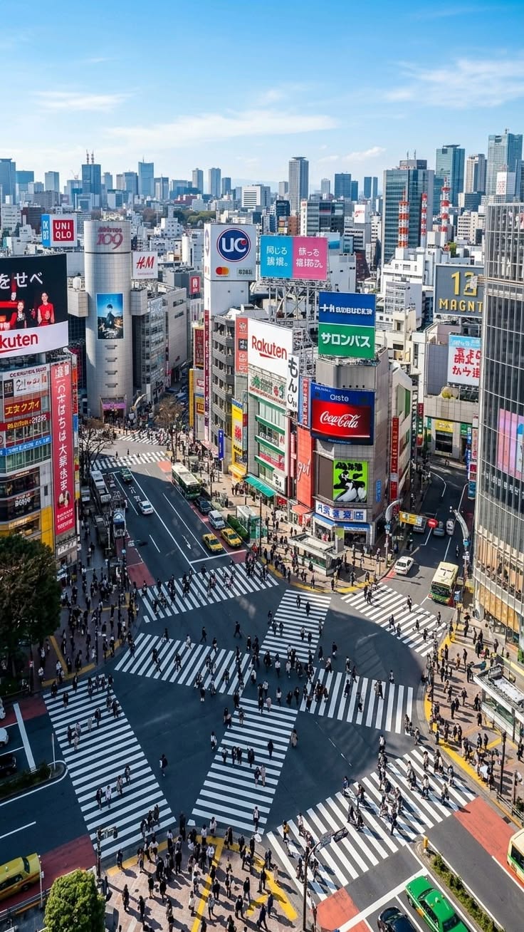 Aerial view of the Shibuya scramble crossing in Tokyo Japan